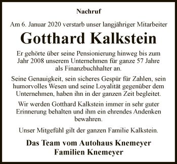 Traueranzeige von Gotthard Kalkstein von Neue Westfälische