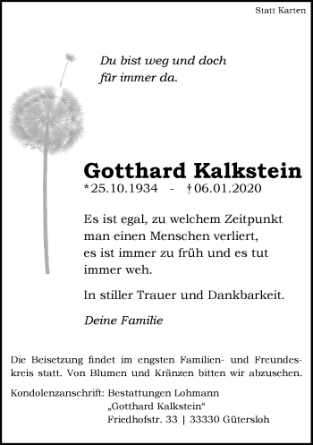 Traueranzeige von Gotthard Kalkstein von Neue Westfälische