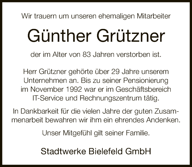  Traueranzeige für Günther Grützner vom 07.01.2020 aus Neue Westfälische