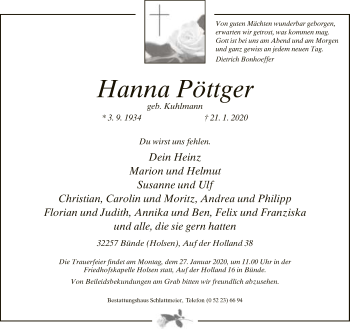 Traueranzeige von Hanna Pöttger von Neue Westfälische