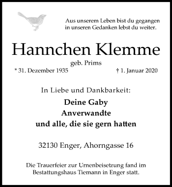 Traueranzeige von Hannchen Klemme von Neue Westfälische