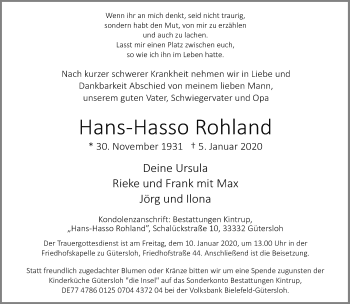 Traueranzeige von Hans-Hasso Rohland von Neue Westfälische