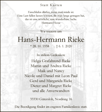 Traueranzeige von Hans-Hermann Rieke von Neue Westfälische