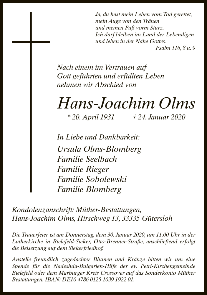  Traueranzeige für Hans-Joachim Olms vom 28.01.2020 aus Neue Westfälische