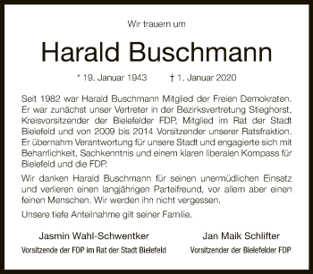 Traueranzeige von Harald Buschmann von Neue Westfälische