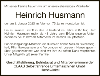 Traueranzeige von Heinrich Husmann von Neue Westfälische