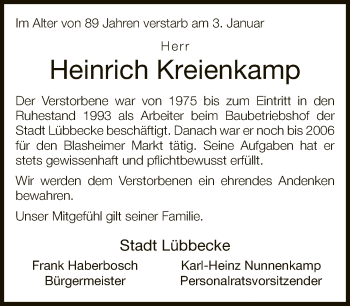 Traueranzeige von Heinrich Kreienkamp von Neue Westfälische