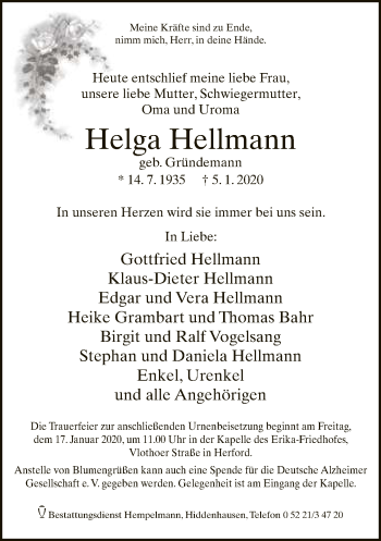 Traueranzeige von Helga Hellmann von Neue Westfälische