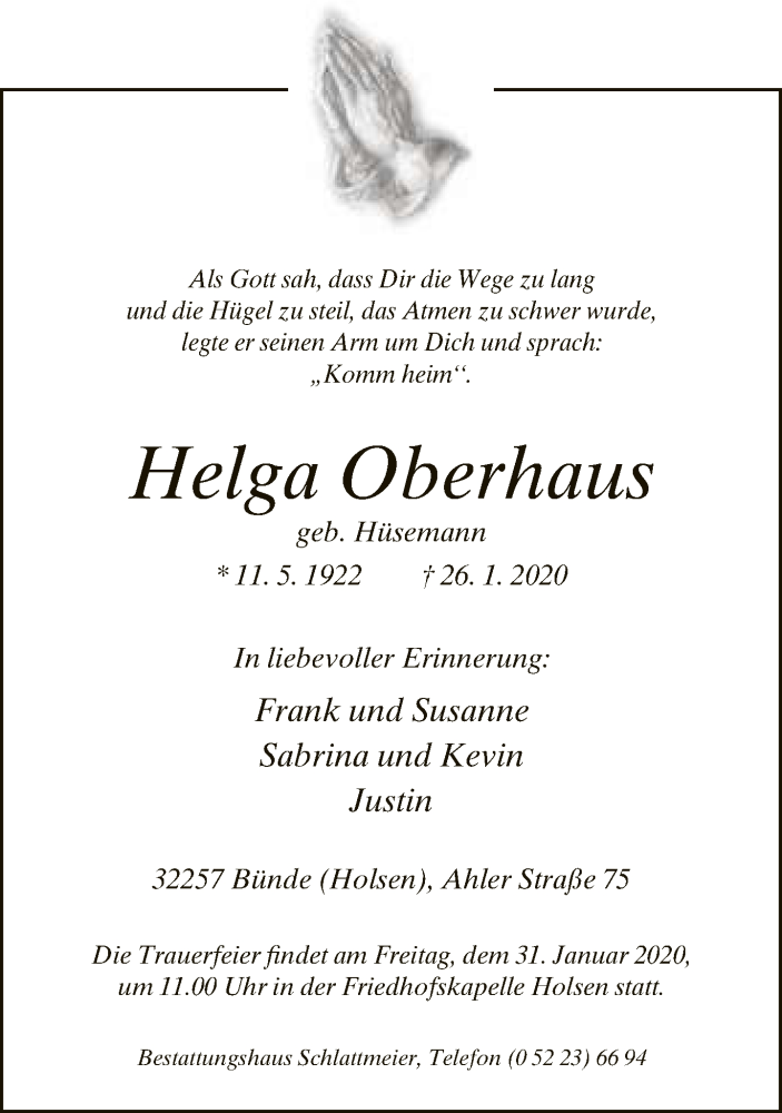  Traueranzeige für Helga Oberhaus vom 28.01.2020 aus Neue Westfälische