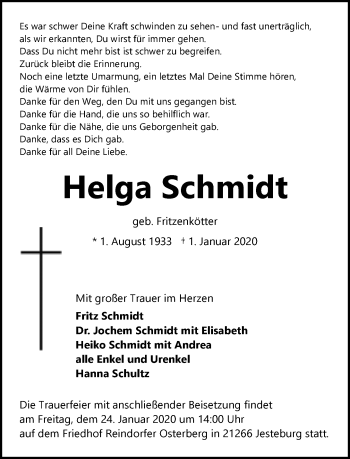 Traueranzeige von Helga Schmidt von Neue Westfälische