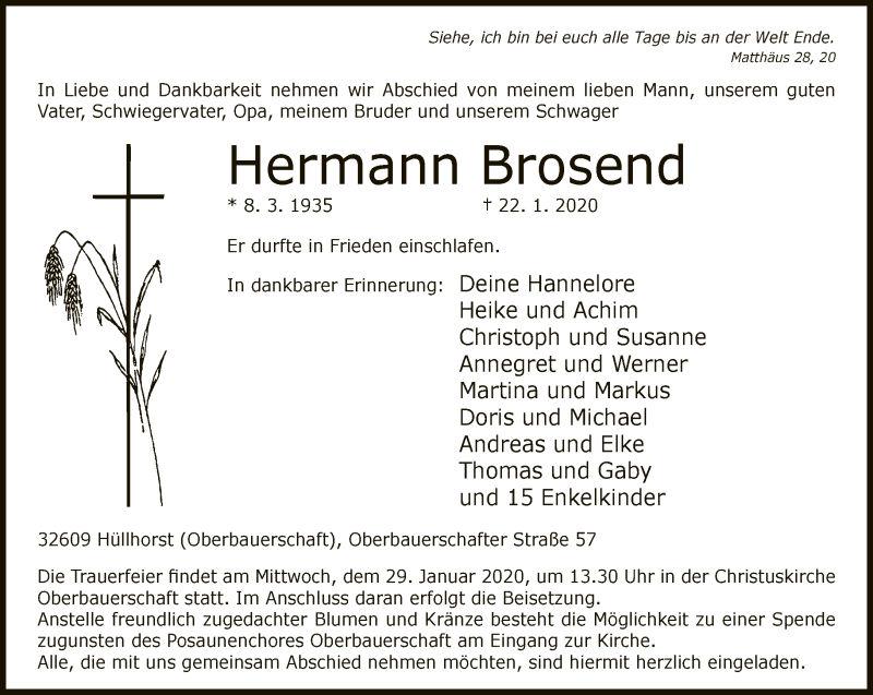  Traueranzeige für Hermann Brosend vom 25.01.2020 aus Neue Westfälische