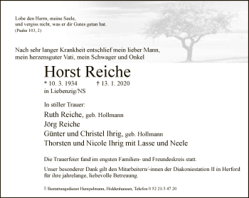 Traueranzeige von Horst Reiche von Neue Westfälische