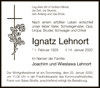 Traueranzeige von Ignatz Lehnort von Neue Westfälische