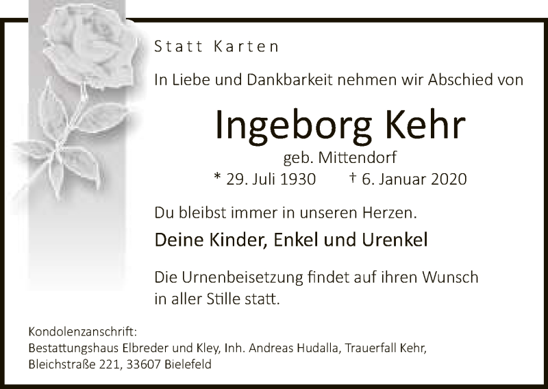  Traueranzeige für Ingeborg Kehr vom 11.01.2020 aus Neue Westfälische