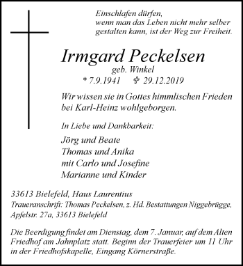 Traueranzeige von Irmgard Peckelsen von Neue Westfälische