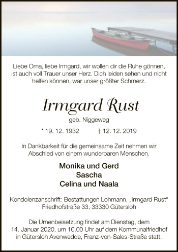 Traueranzeige von Irmgard Rust von Neue Westfälische