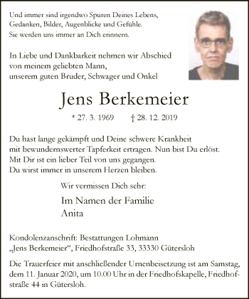 Traueranzeige von Jens Berkemeier von Neue Westfälische
