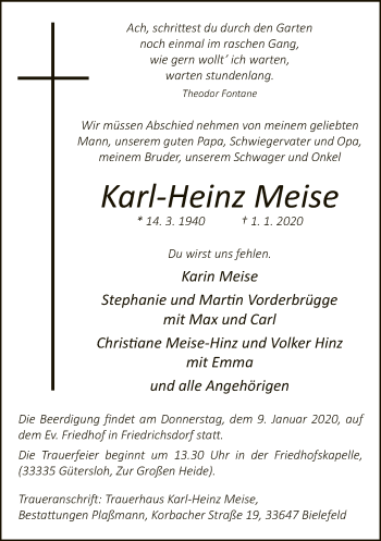 Traueranzeige von Karl-Heinz Meise von Neue Westfälische