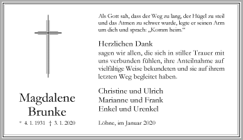 Traueranzeige von Magdalene Brunke von Neue Westfälische