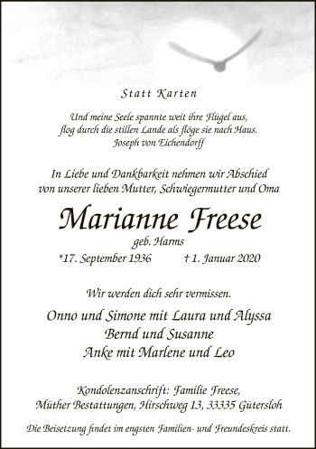 Traueranzeige von Marianne Freese von Neue Westfälische