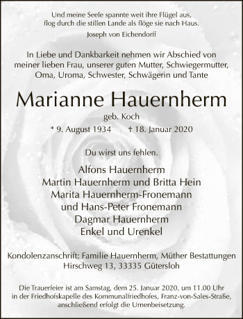 Traueranzeige von Marianne Hauernherm von Neue Westfälische