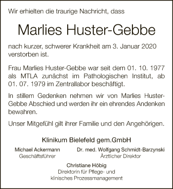 Traueranzeige von Marlies Huster-Gebbe von Neue Westfälische