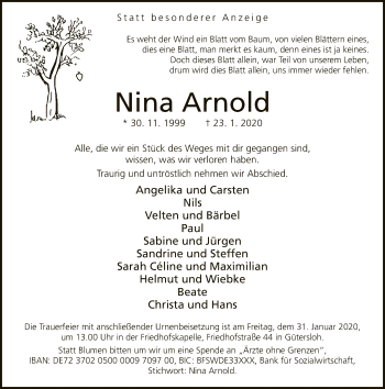 Traueranzeige von Nina Arnold von Neue Westfälische