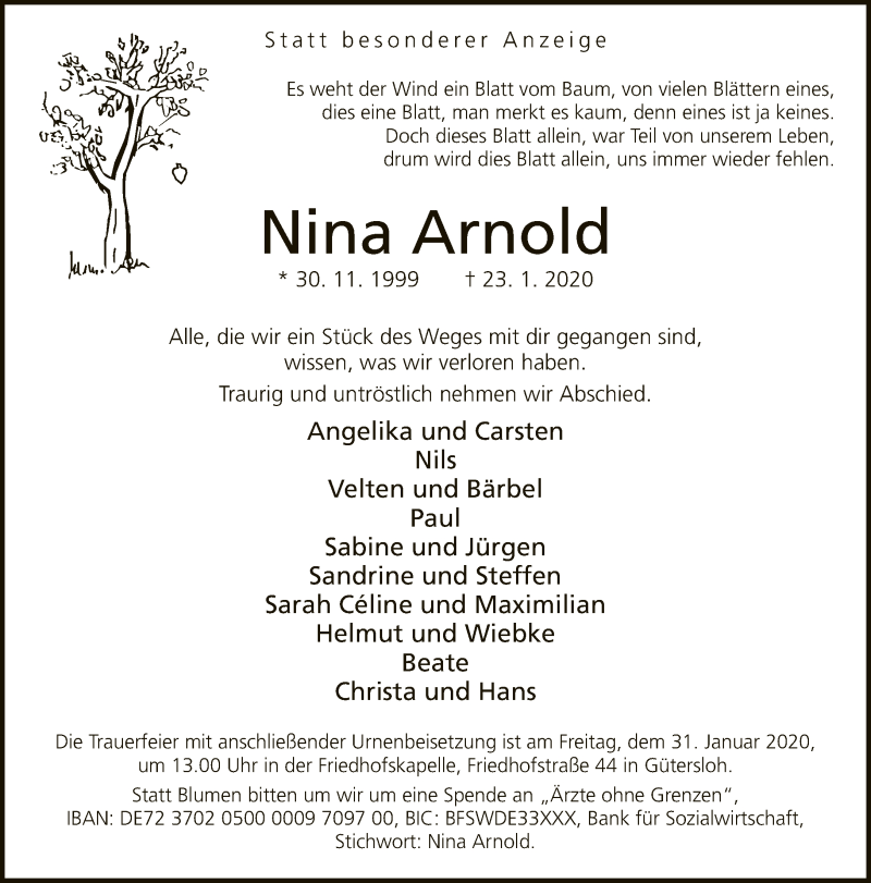  Traueranzeige für Nina Arnold vom 27.01.2020 aus Neue Westfälische