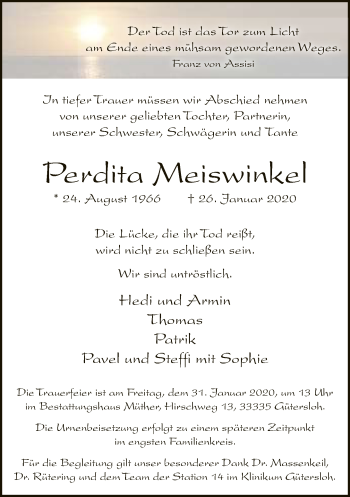 Traueranzeige von Perdita Meiswinkel von Neue Westfälische