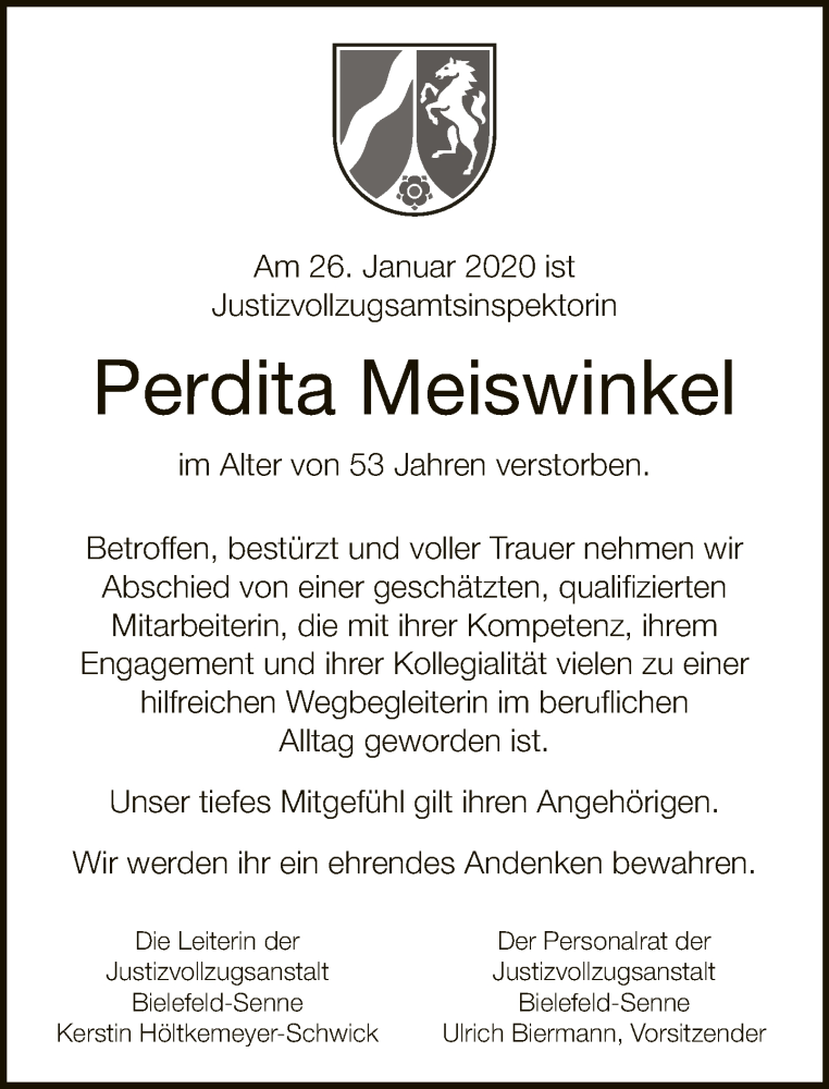  Traueranzeige für Perdita Meiswinkel vom 31.01.2020 aus Neue Westfälische