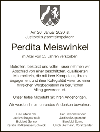Traueranzeige von Perdita Meiswinkel von Neue Westfälische