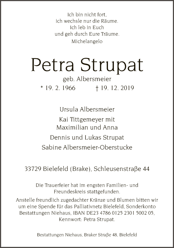  Traueranzeige für Petra Strupat vom 04.01.2020 aus Neue Westfälische