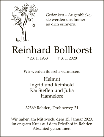 Traueranzeige von Reinhard Bollhorst von Neue Westfälische