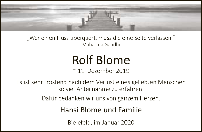  Traueranzeige für Rolf Blome vom 25.01.2020 aus Neue Westfälische