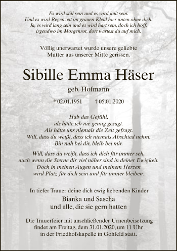 Traueranzeige von Sibille Emma Häser von Neue Westfälische