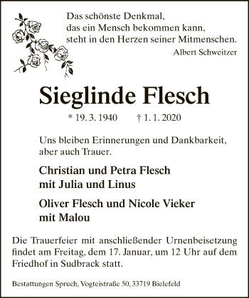 Traueranzeige von Sieglinde Flesch von Neue Westfälische