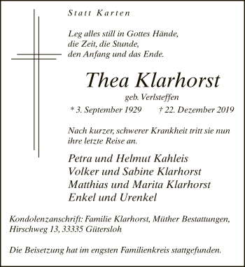 Traueranzeige von Thea Klarhorst von Neue Westfälische