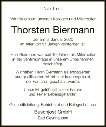 Traueranzeige von Thorsten Biermann von Neue Westfälische