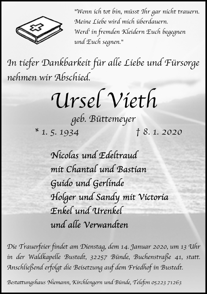 Traueranzeige für Ursel Vieth vom 11.01.2020 aus Neue Westfälische