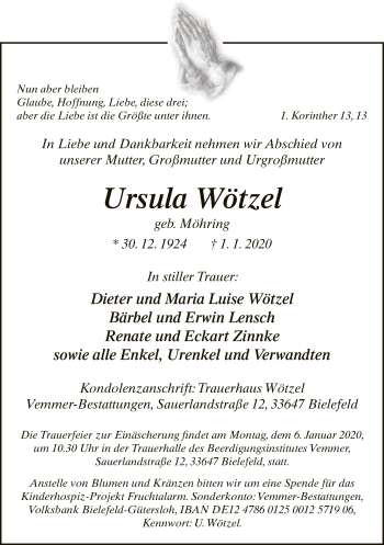 Traueranzeige von Ursula Wötzel von Neue Westfälische