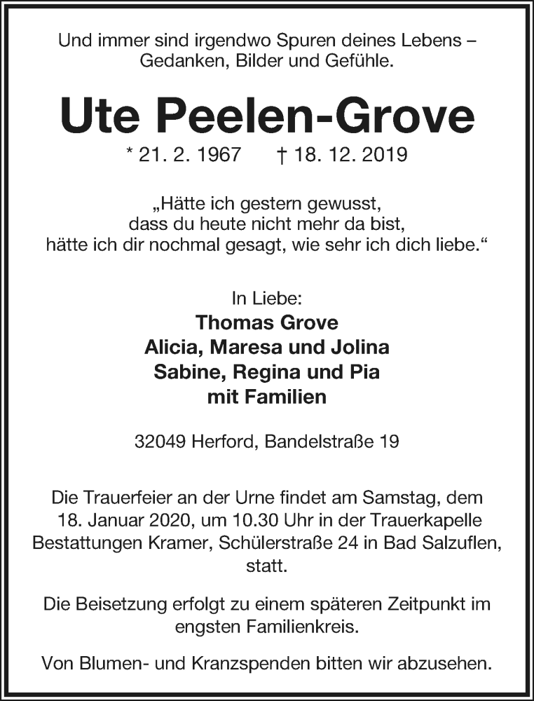  Traueranzeige für Ute Peelen-Grove vom 11.01.2020 aus Neue Westfälische