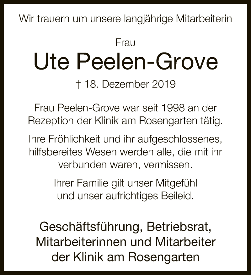  Traueranzeige für Ute Peelen-Grove vom 02.01.2020 aus Neue Westfälische