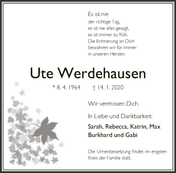 Traueranzeige von Ute Werdehausen von Neue Westfälische