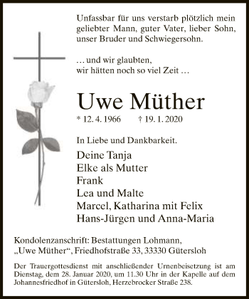 Traueranzeige von Uwe Müther von Neue Westfälische