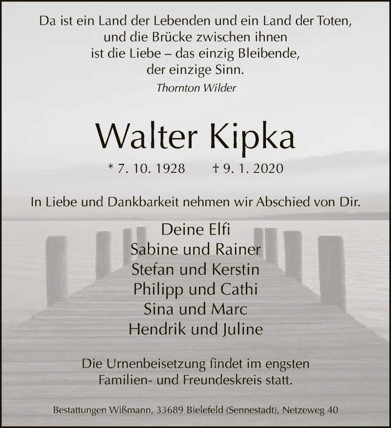  Traueranzeige für Walter Kipka vom 18.01.2020 aus Neue Westfälische