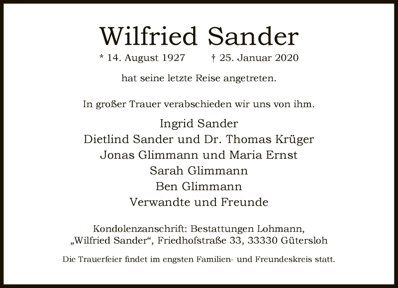  Traueranzeige für Wilfried Sander vom 30.01.2020 aus Neue Westfälische