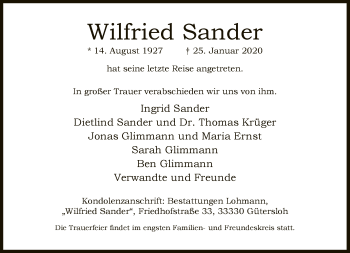 Traueranzeige von Wilfried Sander von Neue Westfälische