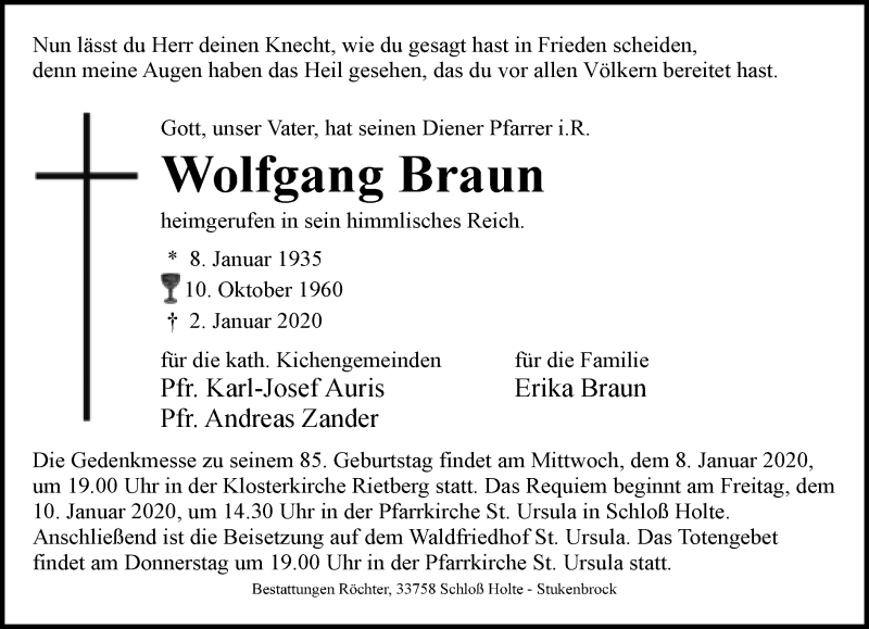  Traueranzeige für Wolfgang Braun vom 04.01.2020 aus Neue Westfälische