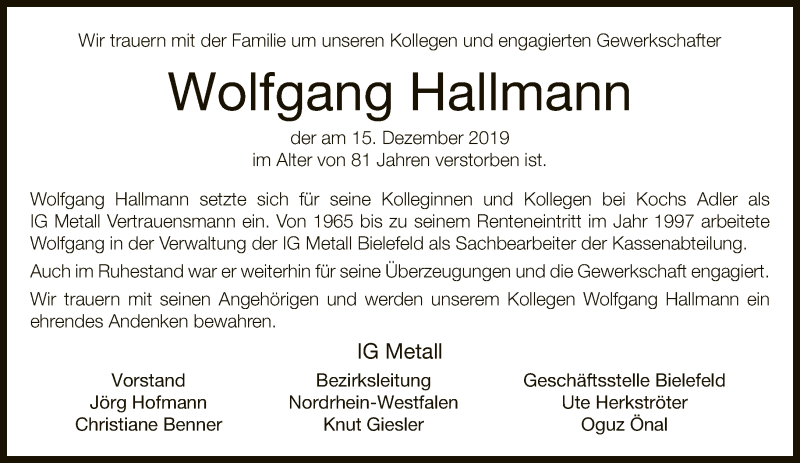  Traueranzeige für Wolfgang Hallmann vom 04.01.2020 aus Neue Westfälische