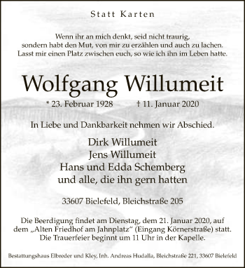 Traueranzeige von Wolfgang Willumeit von Neue Westfälische